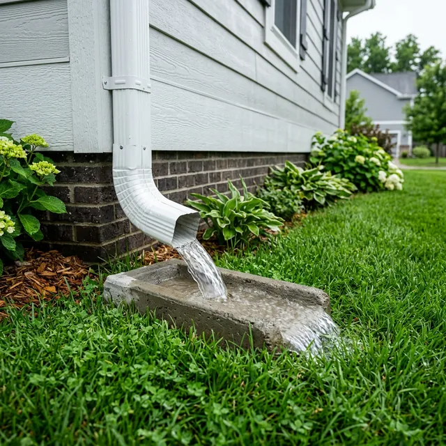 Seamless aluminum downspout directing water away from a home's foundation